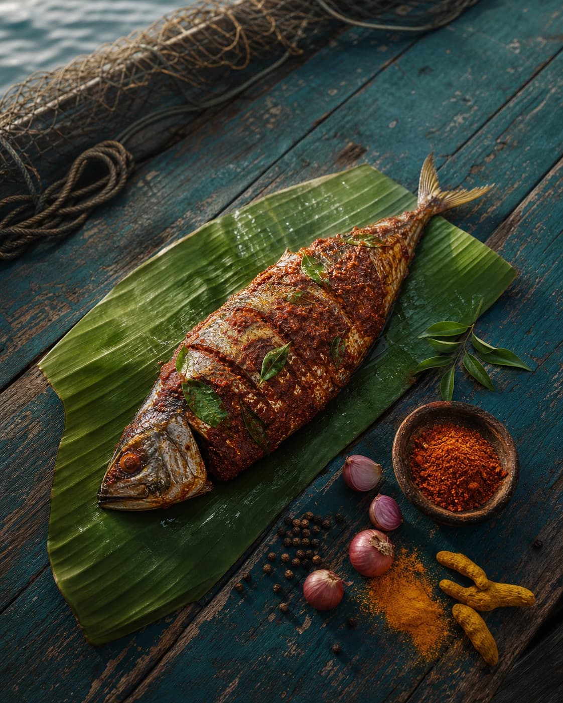 Kerala-spiced mackerel on banana leaf beside fishing rope and coastal spices